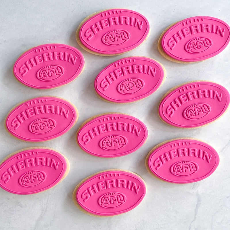 Afl Pink Ribbin AFL Football (Pink) Cookies, Team Gifts, Party favours– That’s so Sweet
